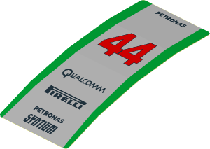 Sticker  4.0 x  1.8 with Red 44, Black Logos and Green Stripes on Grey Background (Formed)