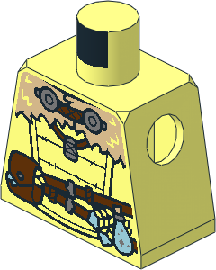 Minifig Torso with Tan Fur Cloak with Deer on Back, Reddish Brown Belts and Pouches and Light Blue Bottle Pattern