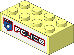 Brick 2 x 4 with Black/Red/Blue Badge and "POLICE" Right Sticker Brick 2 x 4 with Black/Red/Blue Badge and "POLICE" Right Sticker