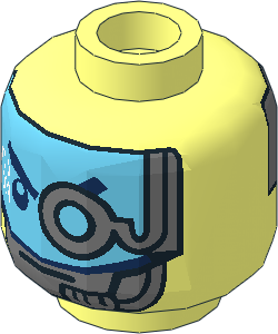 Minifig Head with Medium Azure Visor with Headset and Eyepiece/Medium Azure Eyes and Silver Robot Face 2-Sided Pattern