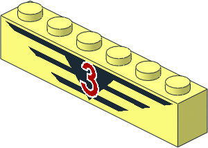 Brick  1 x  6 with Red "3" and Black Stripes Pattern