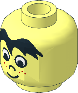 Minifig Head with Black Hair, White Eyes, Nose, Red Freckles, Lopsided Grin Pattern
