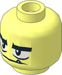 Minifig Head with Wide Eyes, Large Eyebrows and Happy/Grumpy Mouth with Single Tooth 2-Sided Pattern