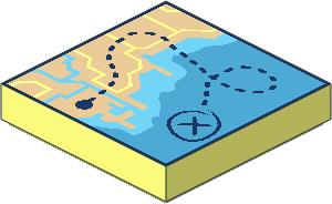 Tile  2 x  2 with Tan City Map, Medium Azure Shore and Dark Azure Ocean, and Dark Blue Dotted Line with X Pattern