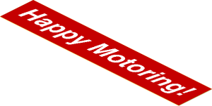 =Sticker  1.1 x  5.9 with White "Happy Motoring!" on Red Background