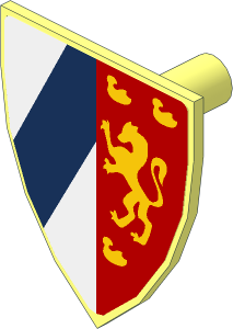 Minifig Shield Triangular with Dark Blue Stripe on White Background and Yellow Lion on Red Background Sticker