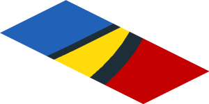 ~Sticker  0.8 x  1.9 with Blue and Yellow Trapezoid on Red Background Left - Second Face