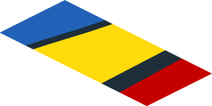 ~Sticker  0.8 x  1.9 with Blue and Yellow Trapezoid on Red Background Left - Fourth Face