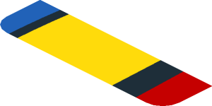 ~Sticker  0.8 x  1.9 with Blue and Yellow Trapezoid on Red Background Left - Sixth Face