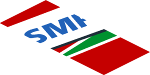 ~Sticker  0.8 x  1.9 with Blue SMP Racing Logo in White Stripe on Red Background Right - Fourth Face