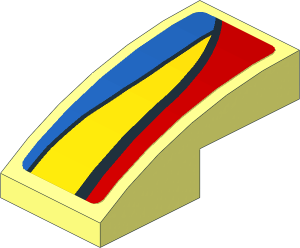 Slope Brick Curved  2 x  1 with Blue and Yellow Trapezoid on Red Background Left Sticker