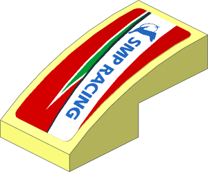 Slope Brick Curved  2 x  1 with Blue SMP Racing Logo in White Stirpe on Red Background Left Sticker