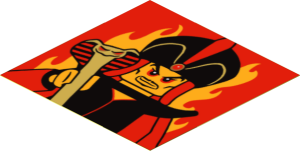 Sticker  3.8 x 3.8 with Jafar Minifigure and Bright Light Orange Flames on Red Background