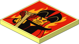 Tile  4 x 4 with Jafar Minifigure and Bright Light Orange Flames on Red Background Sticker