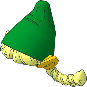 Minifig Hair with Two Wide Braids with Yellow Elf Ears and Green Pointed Hat Pattern