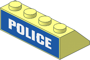 Slope Brick 45  2 x  4 with White "POLICE" on Blue Background Wide Sticker on Back Side
