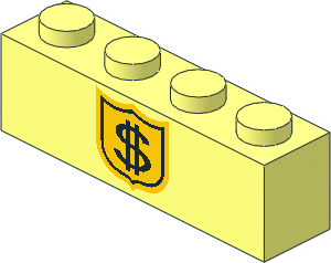 Brick  1 x  4 with Black Dollar Sign on Yellow Badge Pattern