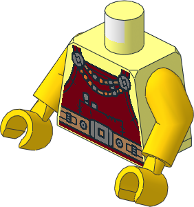 Minifig Torso with Arms and Hands with Dark Red Overalls with Tools, Bead Necklace, Medium Nougat Belt and Helmet and Crossed Hammers on Back Pattern