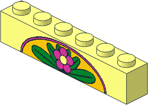 Brick  1 x  6 with Dark Pink Flower and Green Leaves on Yellow Arch Pattern