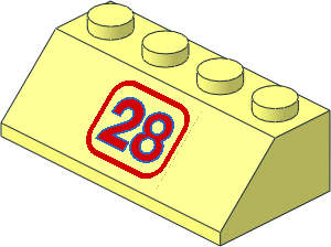 Slope Brick 45 2 x 4 with Sticker Red and Blue "28" on Transparent Background Slope Brick 45 2 x 4 with Sticker Red and Blue "28" on Transparent Background