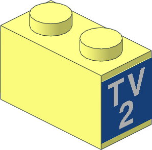 Brick  1 x  2 with White "TV2" on Blue Background Sticker on Both Ends