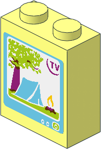 Brick  1 x  2 x  2 without Understud with "TV", Tree, Tent and Campfire on Screen Sticker