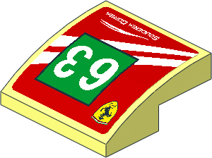 Slope Brick Curved  2 x  2 with Ferrari Logo and White 63 on Green Square and White Stripes on Red Background Left Sticker