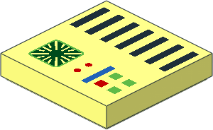 Tile  2 x  2 with Computer Panel with Dark Green Screen, Bright Green, Red, and Blue Buttons and Black Grille Lines Pattern