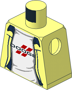 Minifig Torso with Black Dodge Logo on White T-Shirt under Shirt with Blue Details Pattern Minifig Torso with Black Dodge Logo on White T-Shirt under Shirt with Blue Details Pattern