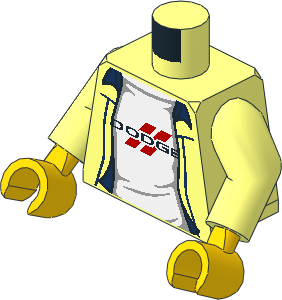 Minifig Torso with Arms and Hands with Black Dodge Logo on White T-Shirt under Shirt with Blue Details Pattern Minifig Torso with Arms and Hands with Black Dodge Logo on White T-Shirt under Shirt with Blue Details Pattern