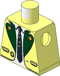 Minifig Torso with Suit Jacket Open with Pockets and Gold Buttons, Dark Green Lapels, White Shirt and Black Tie Pattern