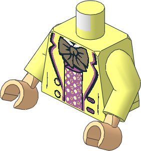Minifig Torso with Arms and Hands with Suit Jacket Open with Metallic Pink Trim and Shirt with Frills, White Collar and Dark Tan Bow Tie Pattern