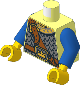Minifig Torso with Blue Arms and Yellow Hands with Scale Armour, Crown on Buckle and Chest Strap Pattern