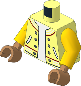 Minifig Torso with Yellow Arms and Medium Nougat Hands with Jacket with Striped Trim, Silver Buttons and Pockets over White Undershirt Pattern