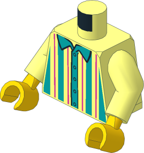 Minifig Torso with Arms and Yellow Hands with Shirt, Dark Turquoise and Dark Pink Vertical Stripes Pattern