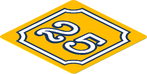 Sticker  1.8 x  1.8 with White "25" and Dark Blue Outline and Frame on Bright Light Orange Background