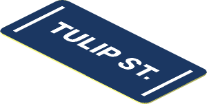 Sticker  0.8 x  1.8 With White "TULIP ST." on Dark Blue Background