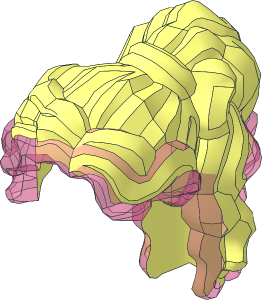 Minifig Hair Female Long Wavy, High Back Ponytail with Marbled Trans Dark Pink Pattern