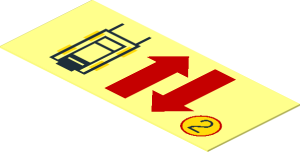 Sticker  0.8 x  1.8 with Forklift, Red Up and Down Arrows and "2" in Yellow Circle