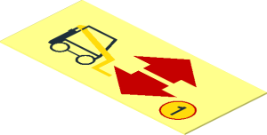 Sticker  0.8 x  1.8 with Forklift, Red Up and Down Arrows and "1" in Yellow Circle