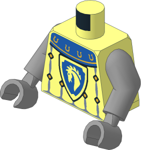 Minifig Torso with Arms and Hands with Blue Collar with Gold Horseshoes Surcoat, Sand Blue Trim with Diamonds and Horse Knight Shield Pattern