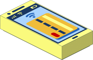 Tile  1 x  2 with Smartphone with Gold Card, Bright Light Blue Background, Dark Blue outline pattern