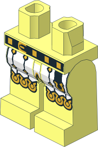 Minifig Hips and Legs with White Surcoat Ends, Gold Scalloped Edges, Diamonds and Horseshoe and Black Belt with Buckle Pattern