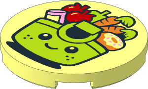 Tile  3 x  3 Round with Lime Green Shopping Basket, Groceries, Black Outline Pattern