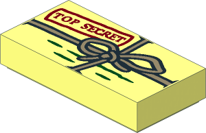 Tile  1 x  2 with Package with Dark Red "TOP SECRET" Stamp, Dark Green Lines and Dark Tan String with Bow Pattern