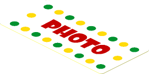 Sticker  1.8 x  3.8 with Yellow and Green Dots and Red "PHOTO" on White Background