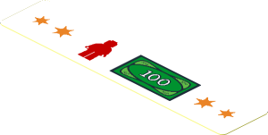 Sticker  0.7 x  3.7 with Orange Stars, Red Minifigure and "100" Money on White Background