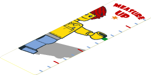 Sticker  5.8 x  1.8 with Red "MEASURE UP", Height Lines and Operator with Shadow on White Background