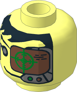 Minifig Head with Insectoids Black Hair, Headset, Green and Copper Eye Grid Pattern