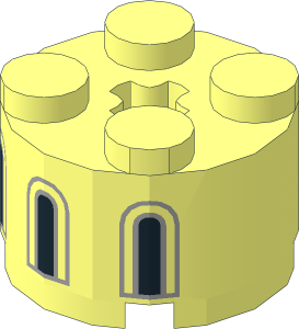 Brick  2 x  2 Round with  3 Black and Light Bluish Grey Castle Windows Pattern